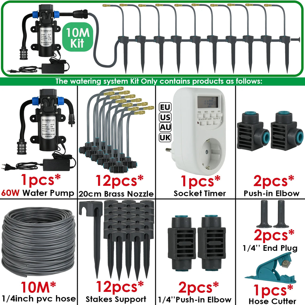 Kit d'Irrigation Jardin 5-30M - Pompe 60W Timer Buse Cuivre 360° Arrosage Automatique Serre