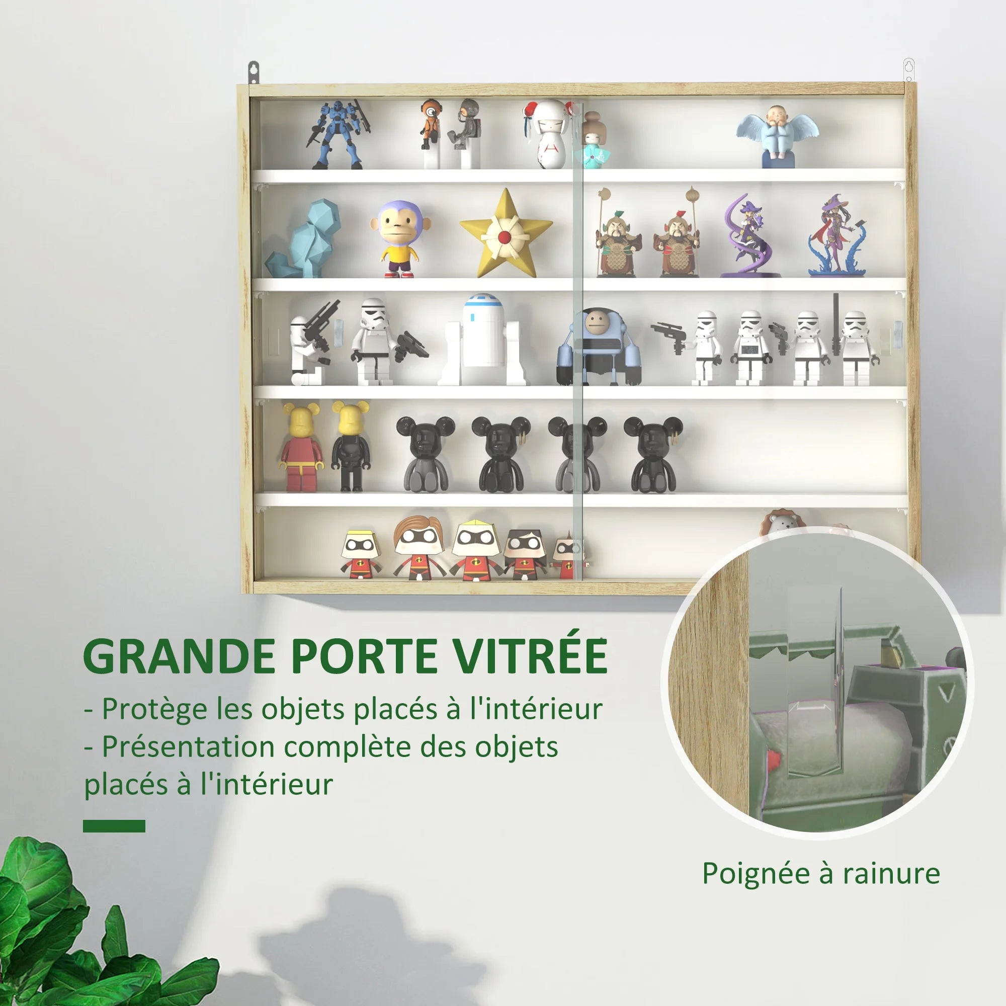 Vitrine Murale 5 Niveaux – 4 Étagères Réglables & Portes en Verre Coulissantes 80×60 cm
