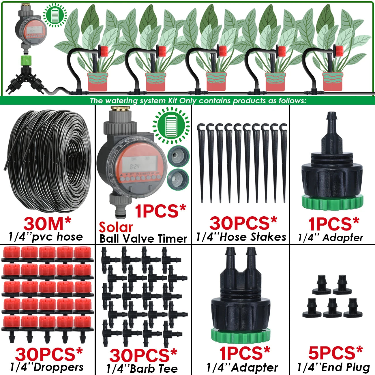 Kit Irrigation Goutte-à-Goutte KESLA – Tuyau 4/7mm, Programmateur & Capteur Pluie (5M à 50M)