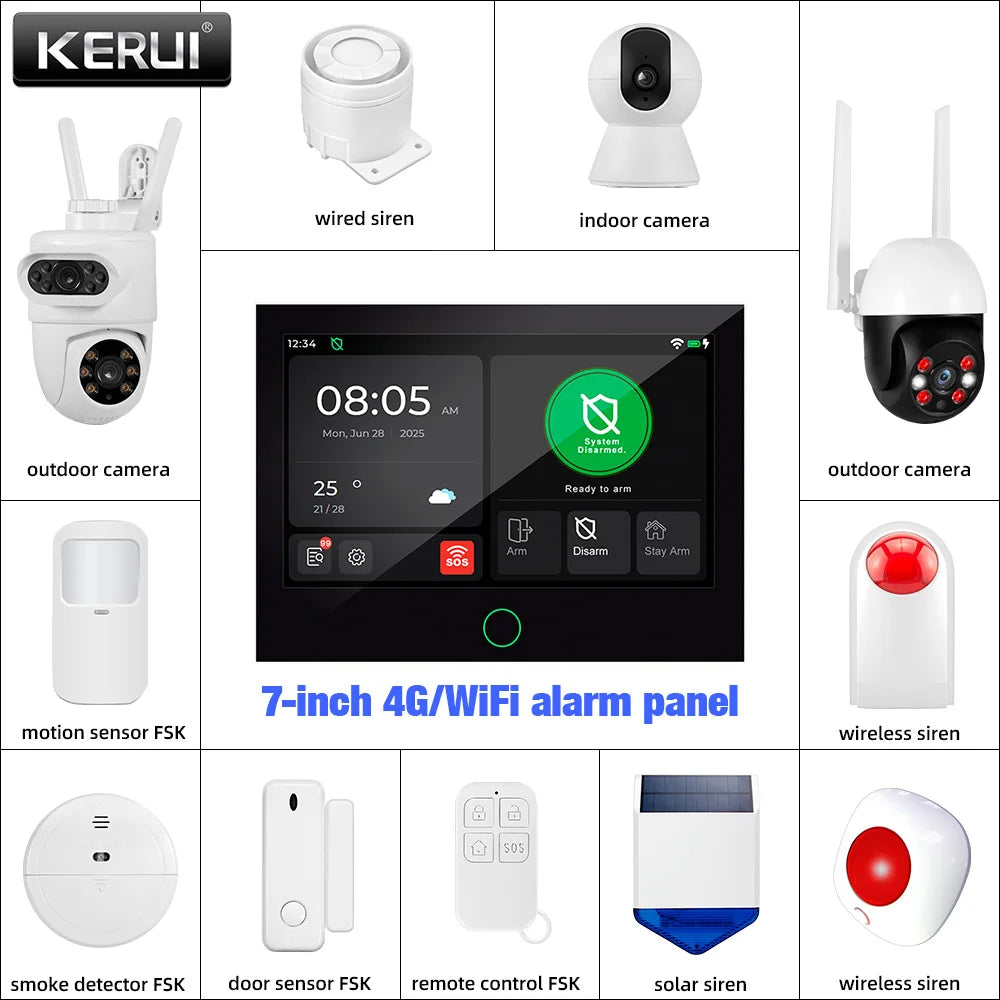 Alarme Maison KERUI G70 – Écran Tactile 7" IPS, 4G/WiFi/GSM, Compatible Tuya, Alexa & Google Home