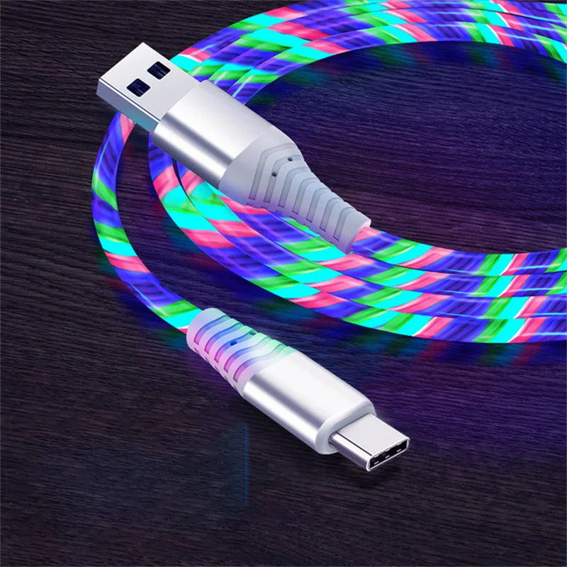 Flow Luminous USB Type C Cable 3A Fast Charging Data Cord for Samsung Xiaomi OPPO Huawei IPhone Charger Micro USB Wire LED Cable