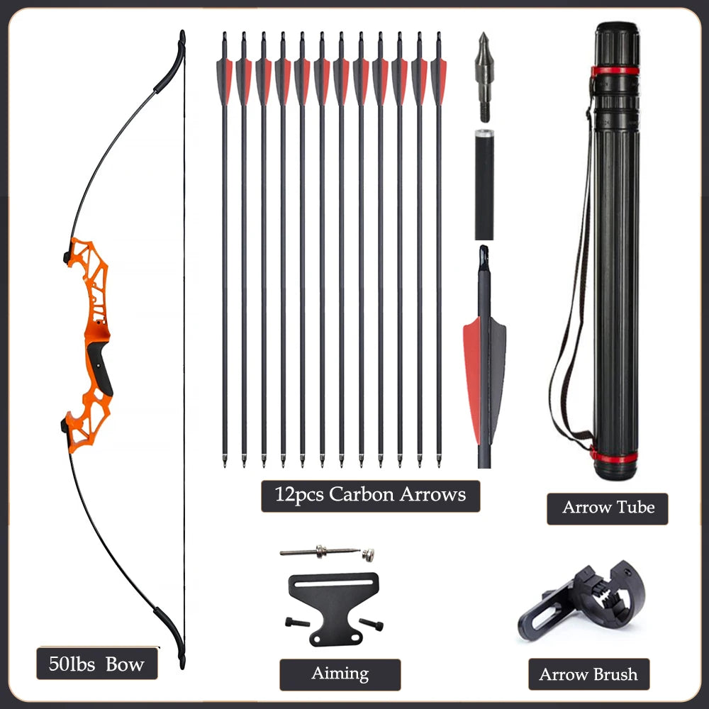Arc Recurve Tir à l'Arc 20-50lbs Démontable avec Flèches Carbone Carquois Cible Entraînement