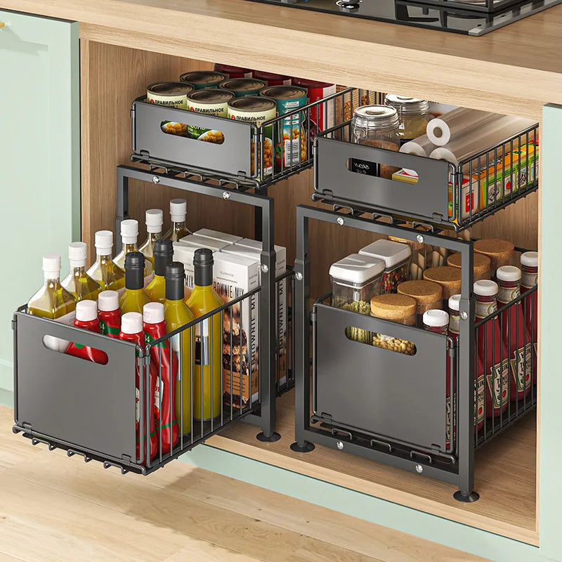 Panier Coulissant 2 Niveaux – Organiseur Réglable Sous Évier, Cuisine & Salle de Bain
