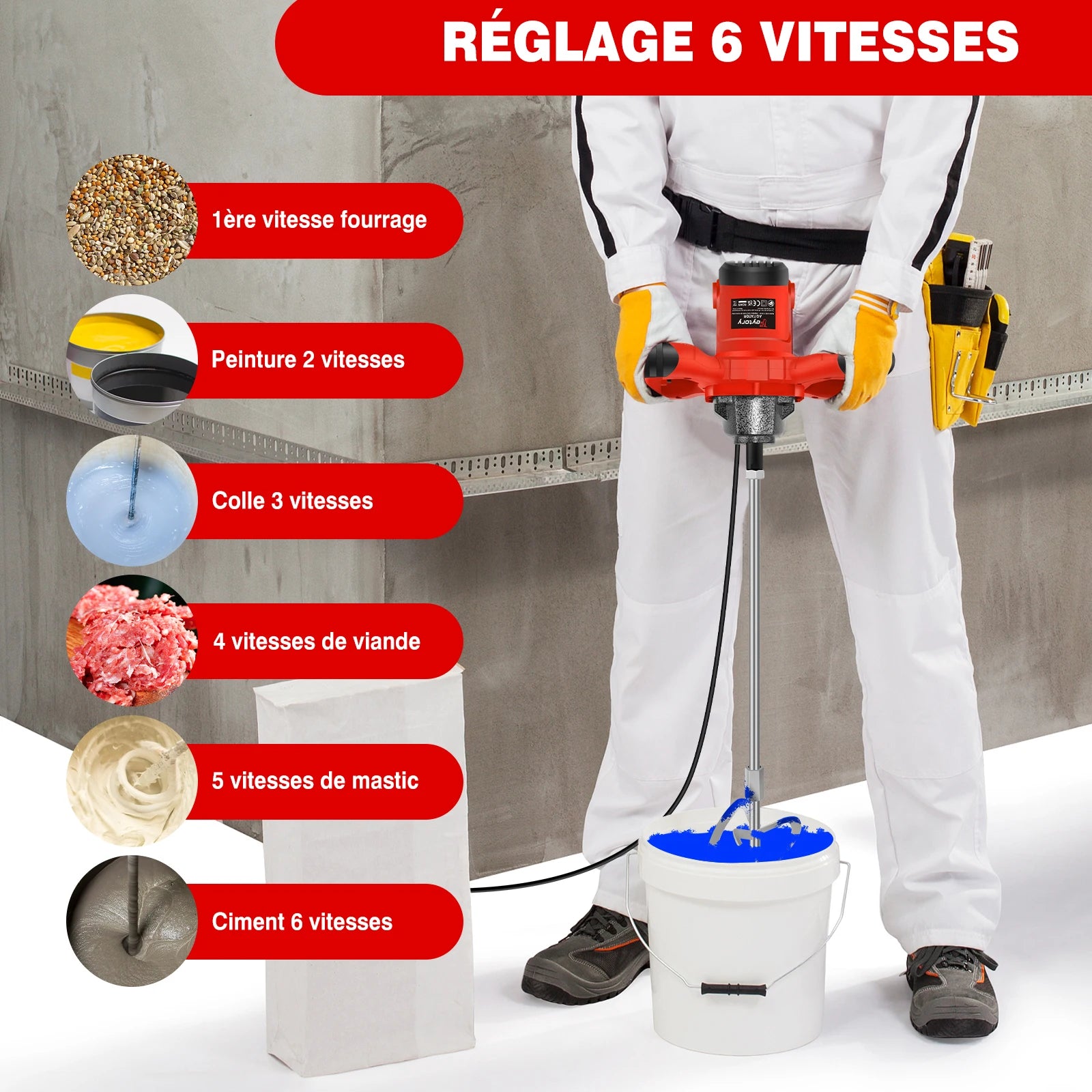 Malaxeur Béton Électrique 2600W 6 Vitesses Mélangeur Mortier Ciment Tige M14 Professionnel