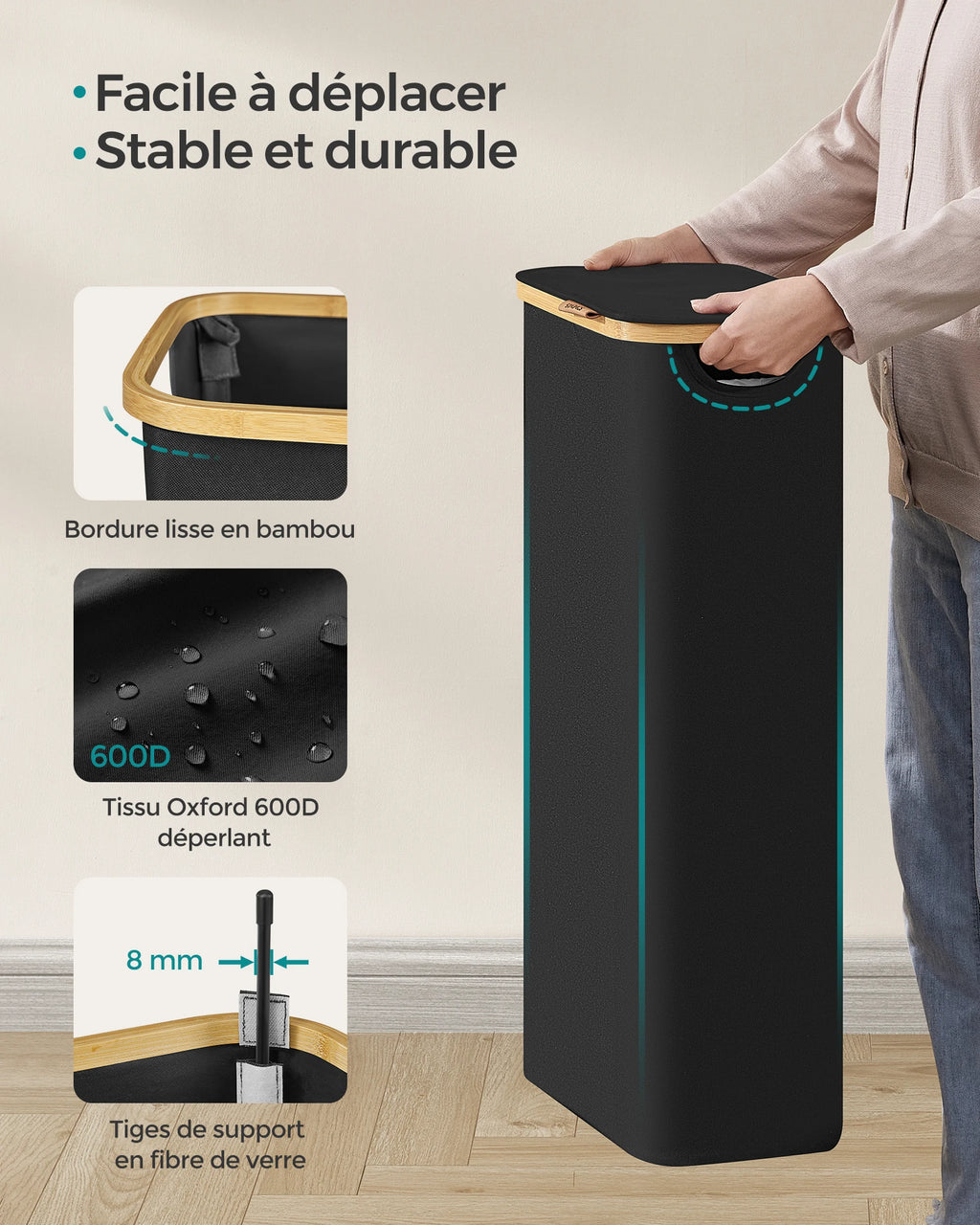 Panier à Linge SONGMICS 65L avec Couvercle - Pliable Gain de Place - Bambou