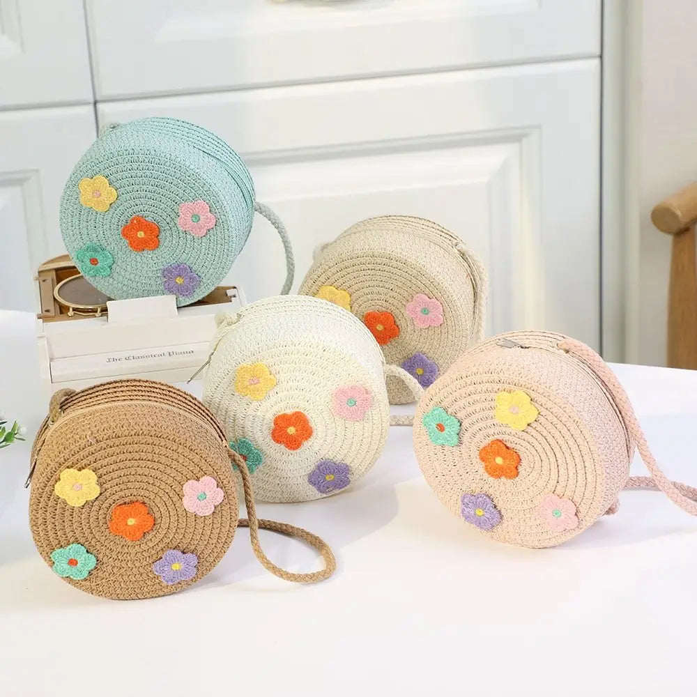 Children Straw Beach Bag Cute Heart Pattern Shoulder Bag Straw Crossbody Bag Handbag Baby Coin Purse Casual Messenger Bag