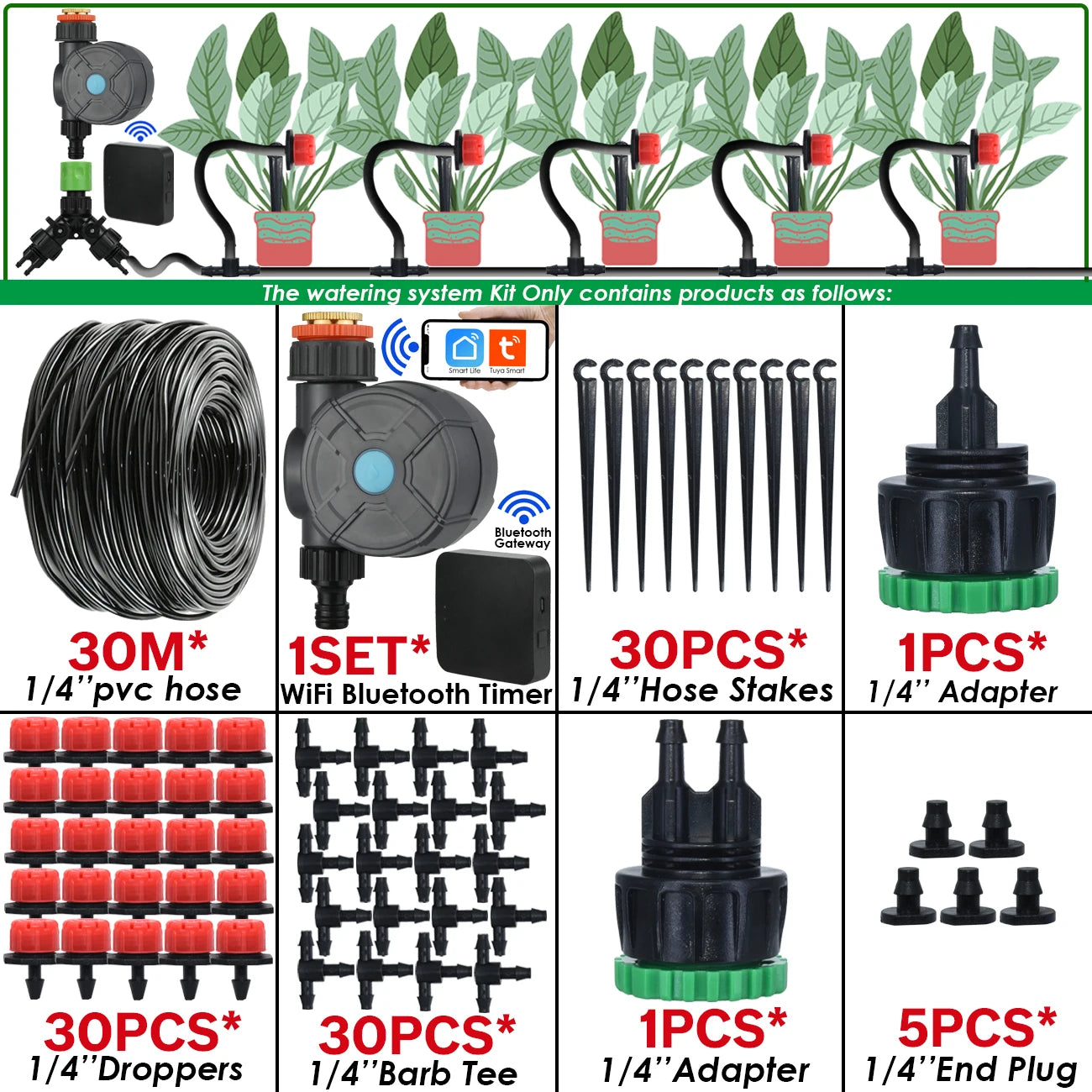 Kit Irrigation Goutte-à-Goutte KESLA – Tuyau 4/7mm, Programmateur & Capteur Pluie (5M à 50M)