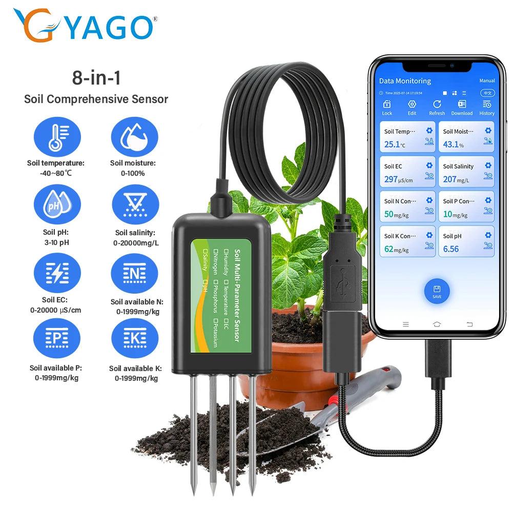 YAGO Soil Sensor 8 in 1 for Agriculture pH EC Moisture NPK Tester Android/HarmonyOS USB Smart Soil Meter for Precision Farming
