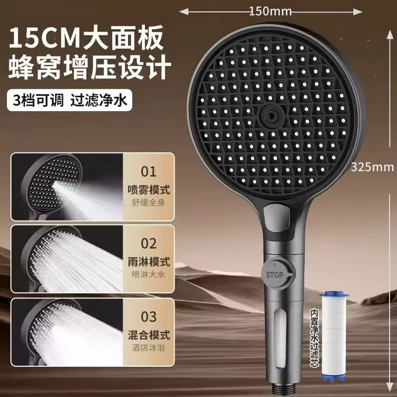 Pommeau de Douche 150mm 3 Modes Haute Pression avec Filtre - Douchette Massage Réglable