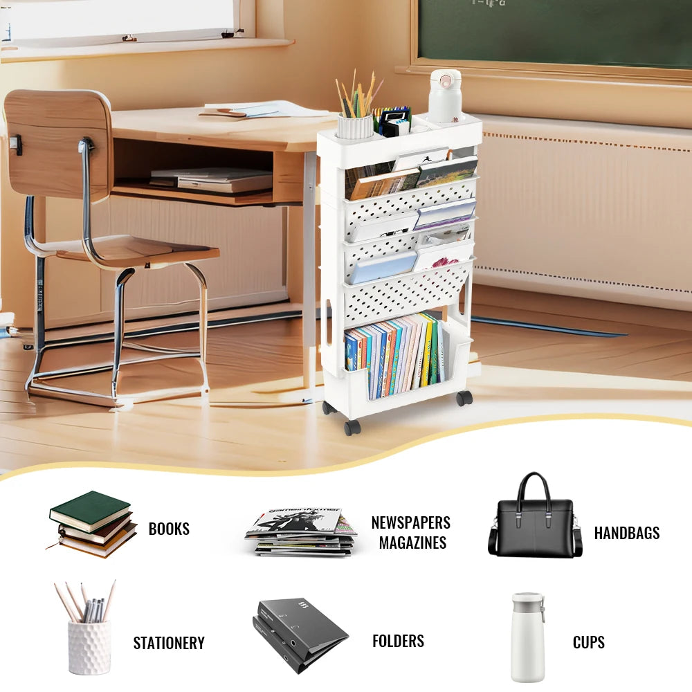 Étagère mobile à roulettes 5 niveaux – Organiseur ABS blanc, bureau & salon