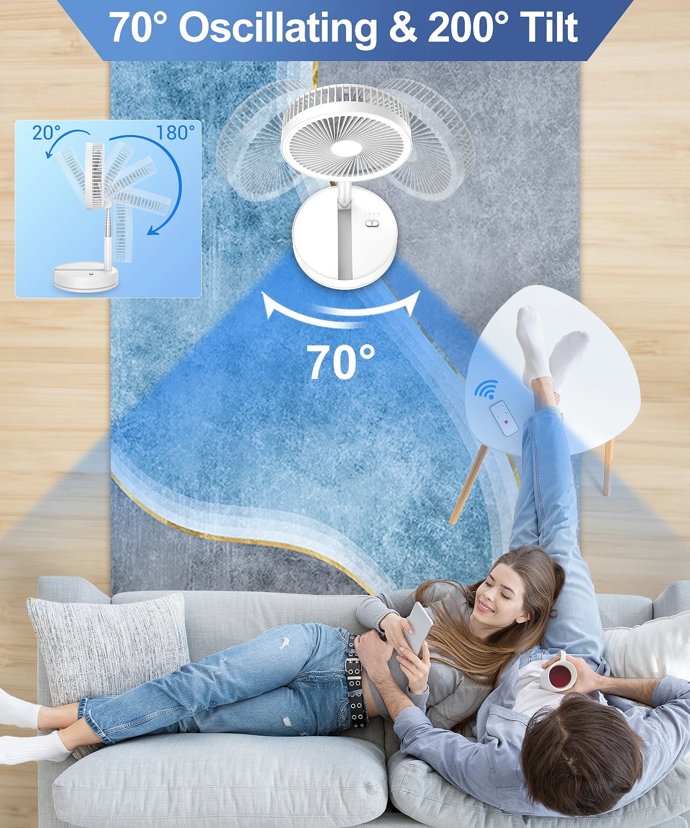 Ventilateur de bureau télescopique pliant – Batterie 7200 mAh, USB-C, Télécommande
