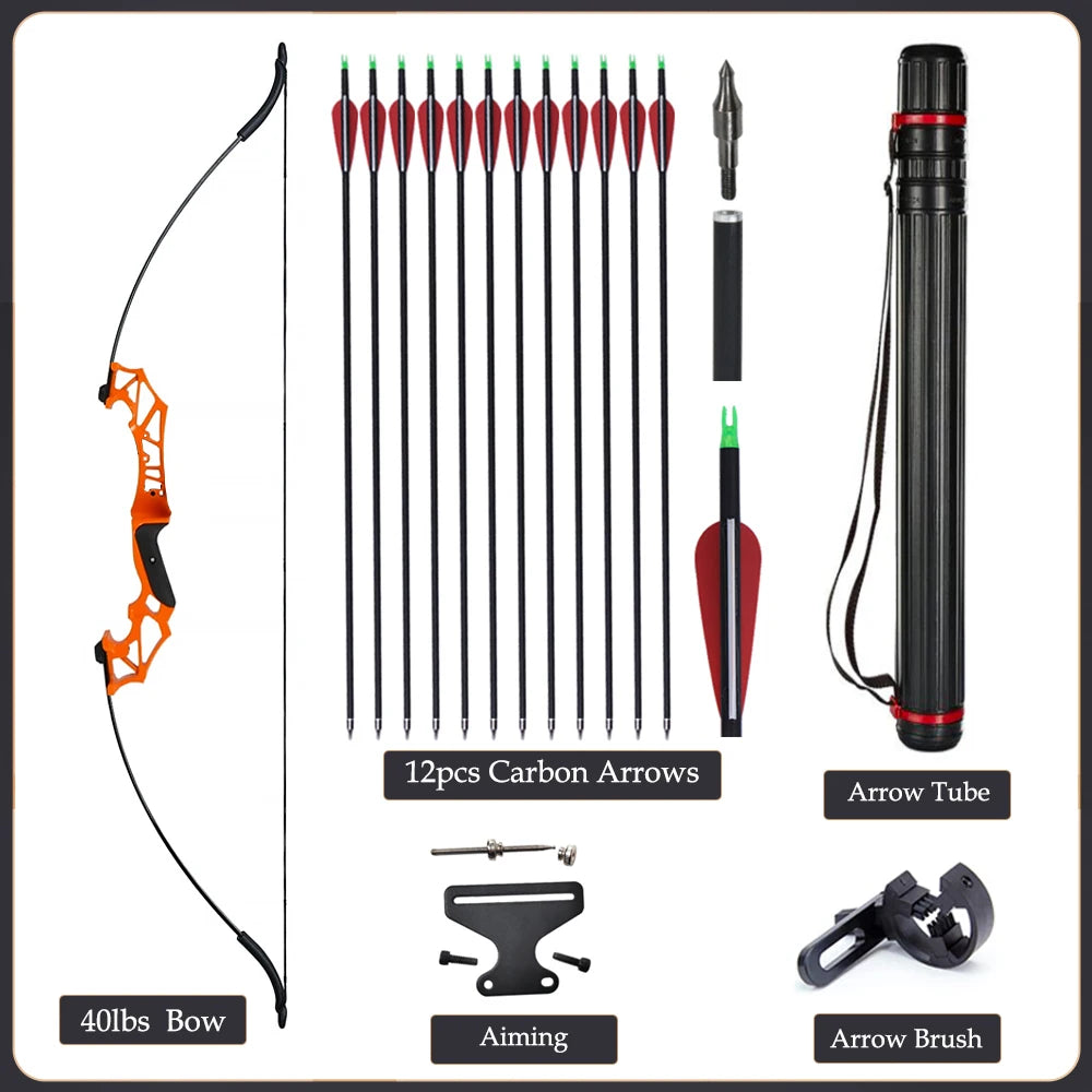 Arc Recurve Tir à l'Arc 20-50lbs Démontable avec Flèches Carbone Carquois Cible Entraînement