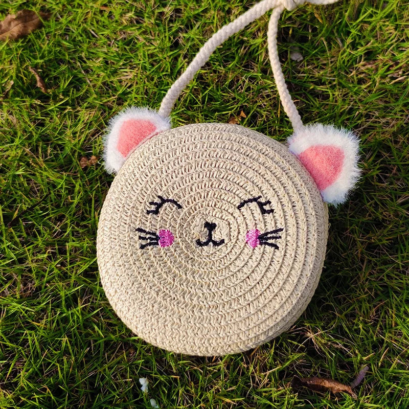 Summer Straw Bag Children's Small Shoulder Bags Baby Girls Mini Coin Purses Cute Cat Kids Chest Crossbody Bags Cartoon Straw Hat