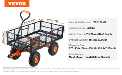 Chariot de Jardin Basculant SucceBuy – 180 kg ou 400 kg, Roues 25 cm, Panneaux Amovibles