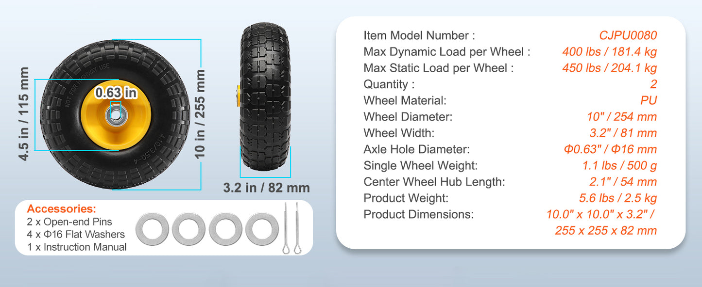 Roues PU Solides 10" Sans Crevaison – Lot de 2 | Charge 180 ou 400 lbs