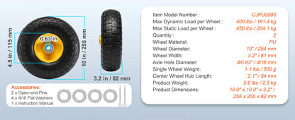Roues PU Solides 10" Sans Crevaison – Lot de 2 | Charge 180 ou 400 lbs